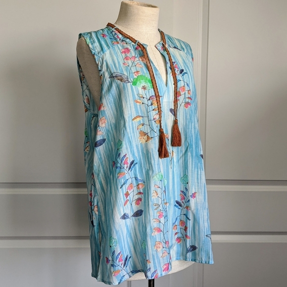 Aratta Sleeveless Top Neck Tie Closure Tassel Lightweight Floral Blue XL NWT - Picture 6 of 16